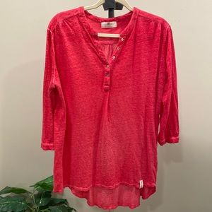 Henry Christ Hot Pink Linen Henley Top with 3/4 Sleeves